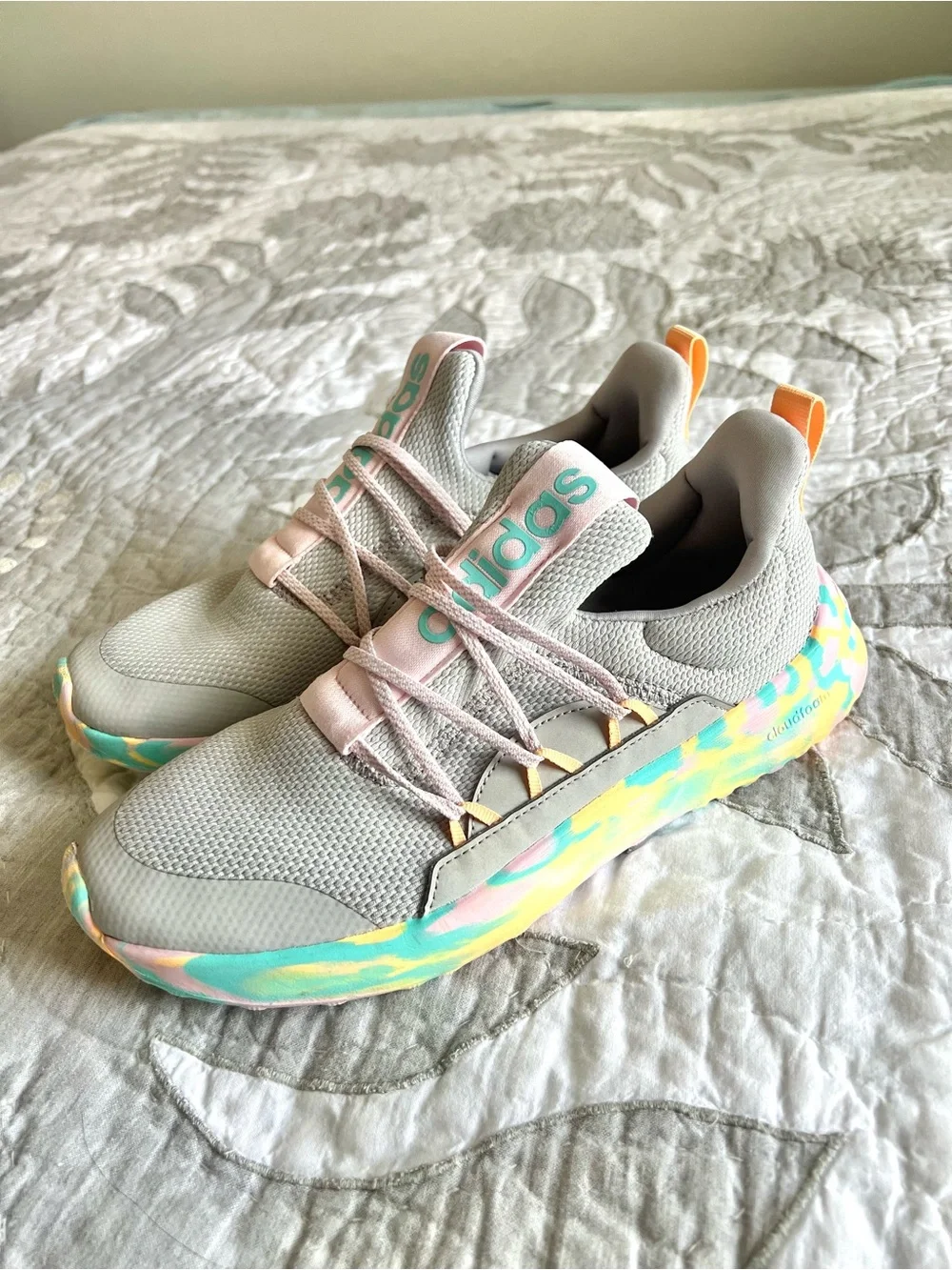 Adidas Lite Racer Adapt 5.0 Sneaker Grey Flash Aqua Camo Women’s 8.5 / Youth 7
